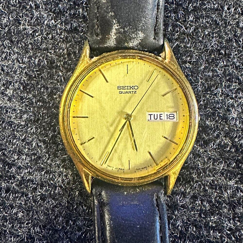 Vintage Seiko Quartz Watch 7N43-8A89 Gold Tone Day Date Champagne Dial